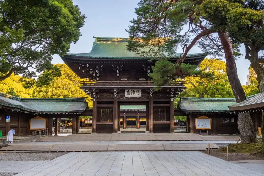 Wooded approach and shrine gate at Meiji Jingu in Tokyo