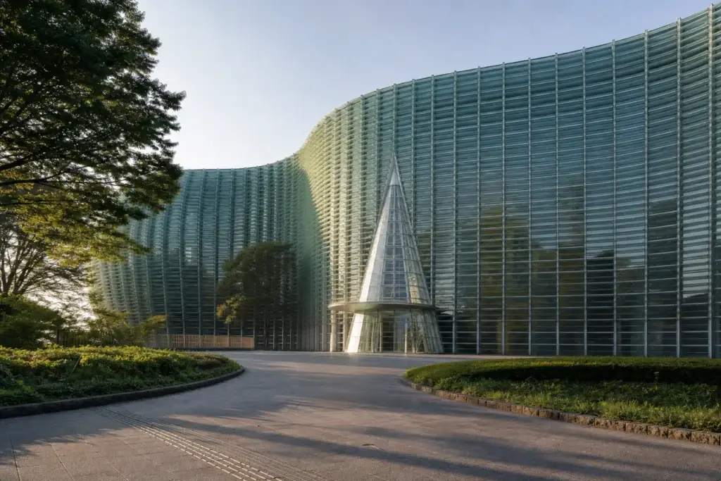 Wave-like glass facade and conical entrance of a contemporary Tokyo art center