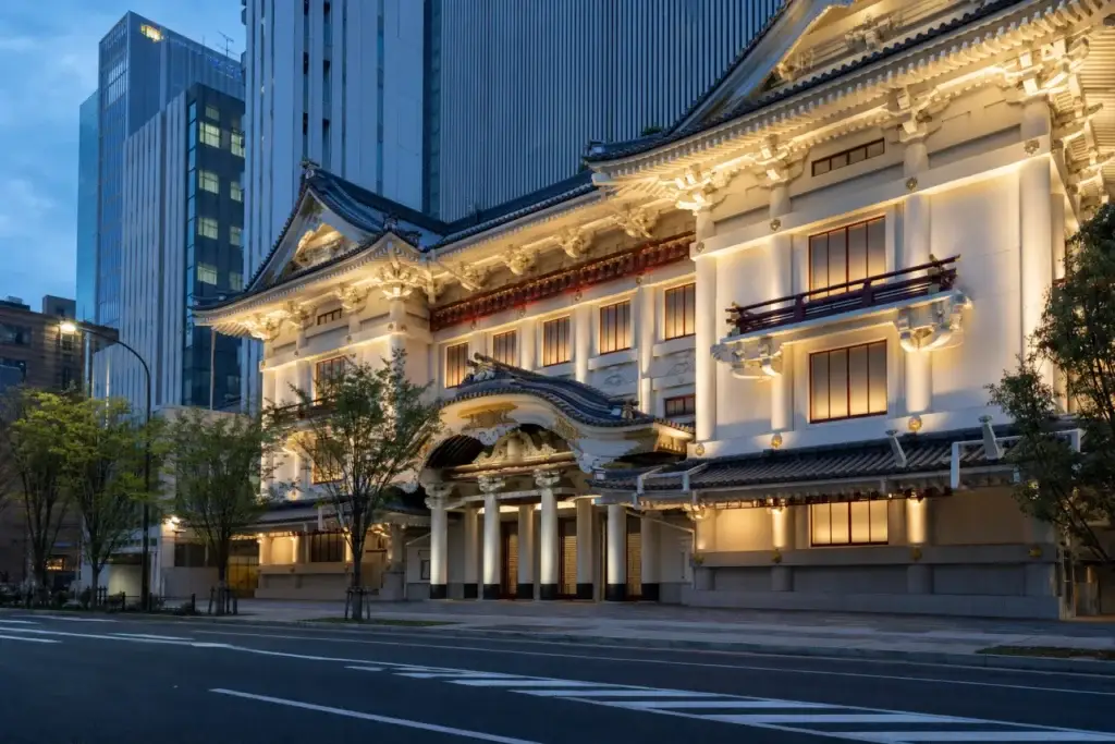 Japanese-style Kabukiza theatre facade illuminated at blue hour in Ginza, Tokyo