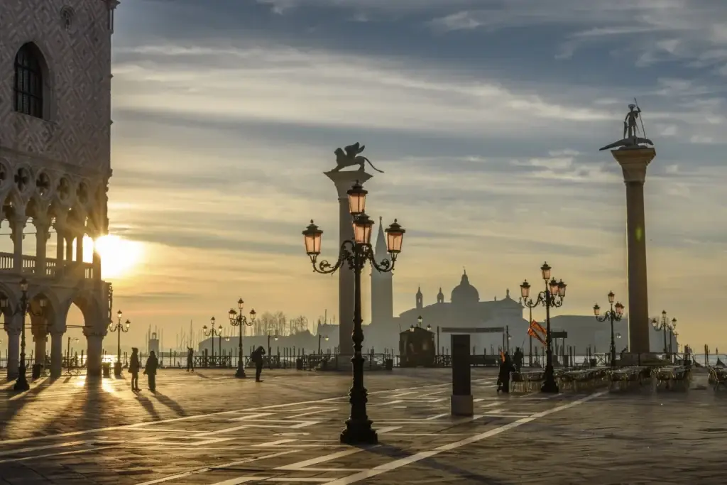 View across St Mark's Square, Venice, Italy, at sunrise.
