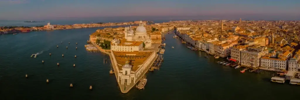Grand Canal and Basilica Santa Maria della Salute, Venice, Italy. Drone aerial view Venice Italy