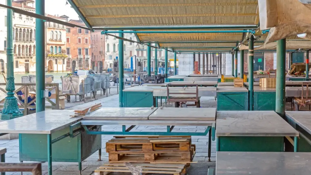 Empty Stalls At Farmers Market In Venice Italy