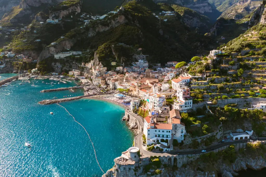 Aerial view of Amalfi town and the coastline in Campania, Italy