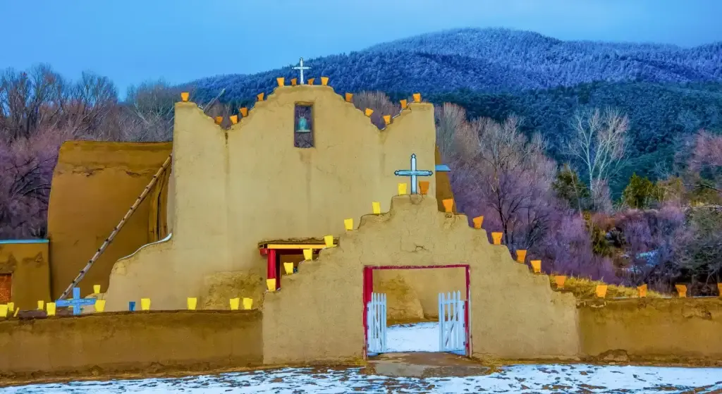 Picturesque view of a Spanish mission church in the beautiful Picuris Pueblo in New Mexico