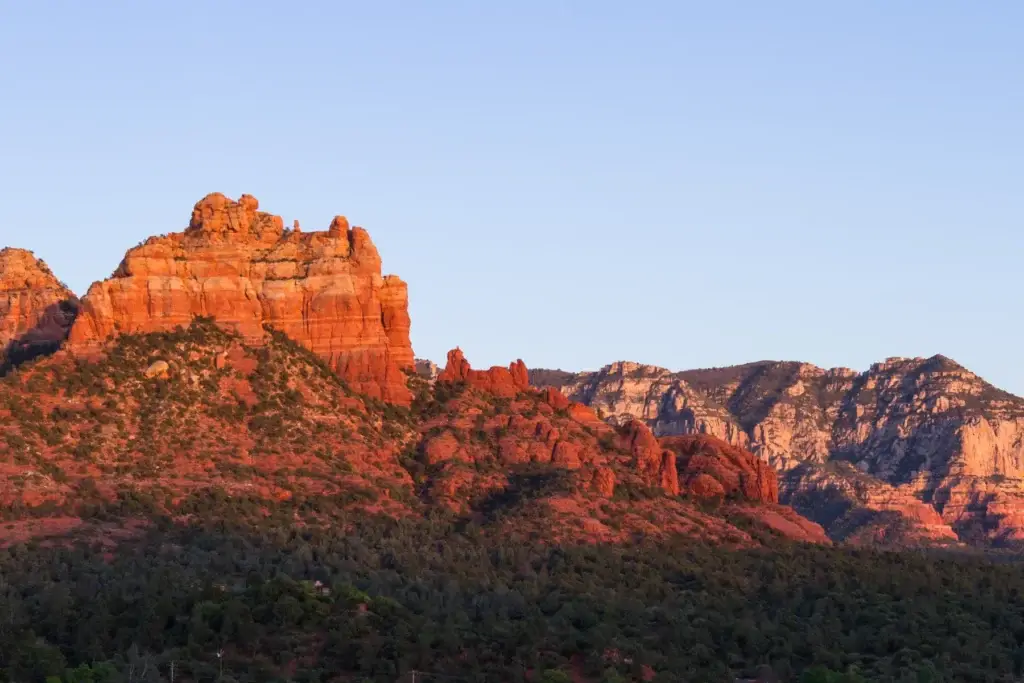 Beautiful Landscape With Red Rock Formations In The Mountains Of Sedona Arizona With An Orange Glow