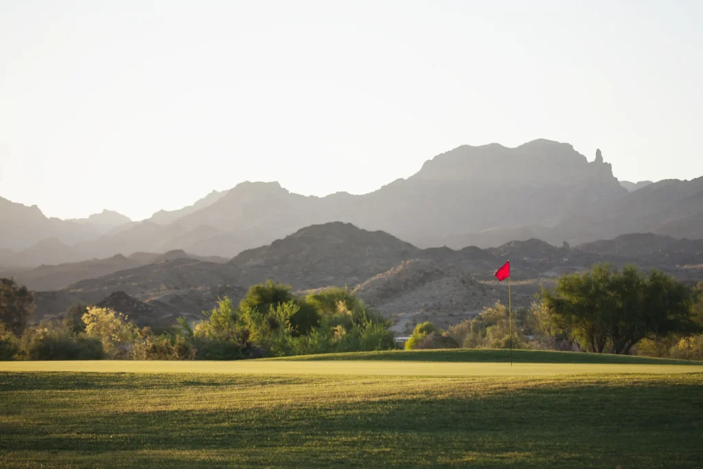 A golf course in Arizona, and a view to mountains.