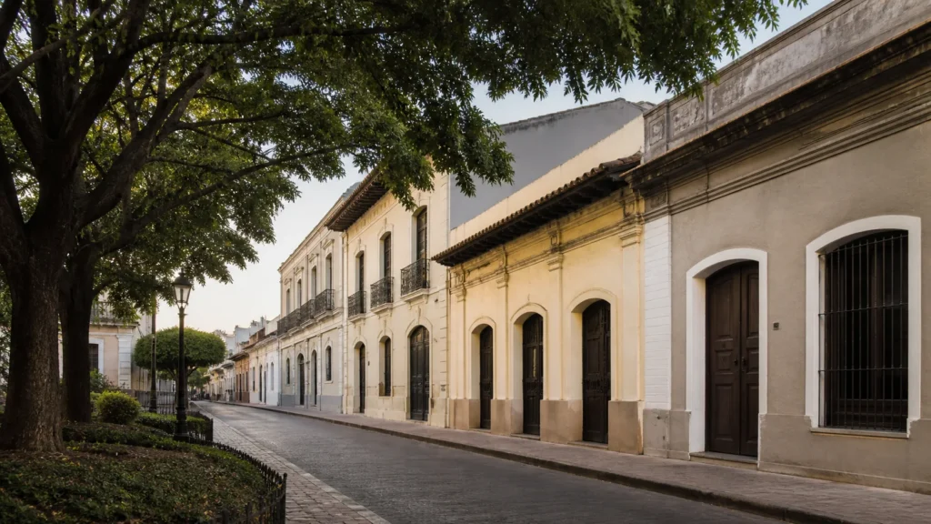AI-generated editorial visualization of an anonymous public streetscape in Asuncion's historic centre.