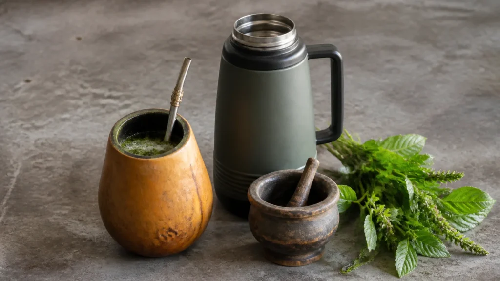 AI-generated editorial visualization of a people-free terere preparation still life in Paraguay.