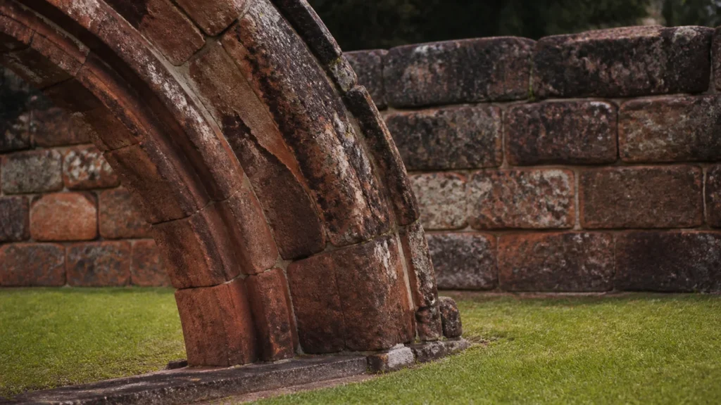 AI-generated editorial visualization of an anonymous conservation detail inspired by Paraguay's linked Jesuit mission sites.