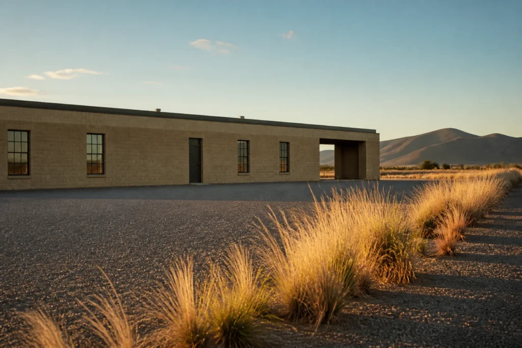 Rights-cleared Chinati Foundation exterior or documented Marfa art architecture context