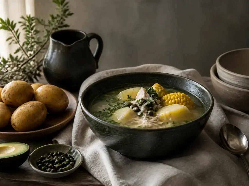 AI-generated editorial visualization of Bogotá food culture.