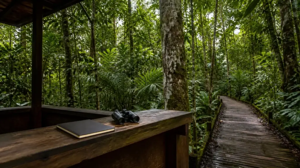 AI-generated editorial visualization of forest-science visitor orientation informed by MUSA; it does not depict Museu da Amazônia facilities, a research station, or a real visit.