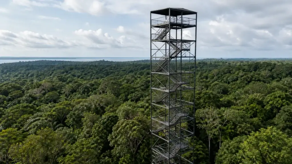 AI-generated editorial visualization of a generic Amazon-canopy observation tower informed by MUSA; it is not an architectural record and does not depict current access.