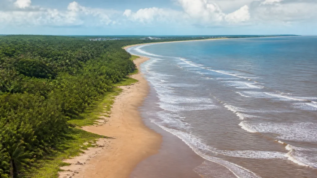 AI-generated editorial visualization of a non-specific French Guiana Atlantic coastal context.