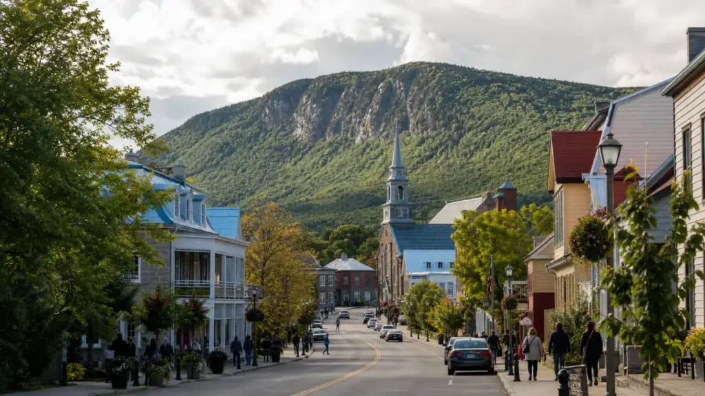 Baie-Saint-Paul streetscape, art district or town-and-mountain context clearly identifiable