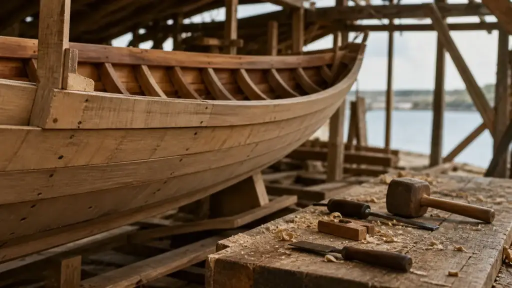 AI-generated editorial visualization of Meet Chiloé through a named carpenter or boatbuilding workshop.