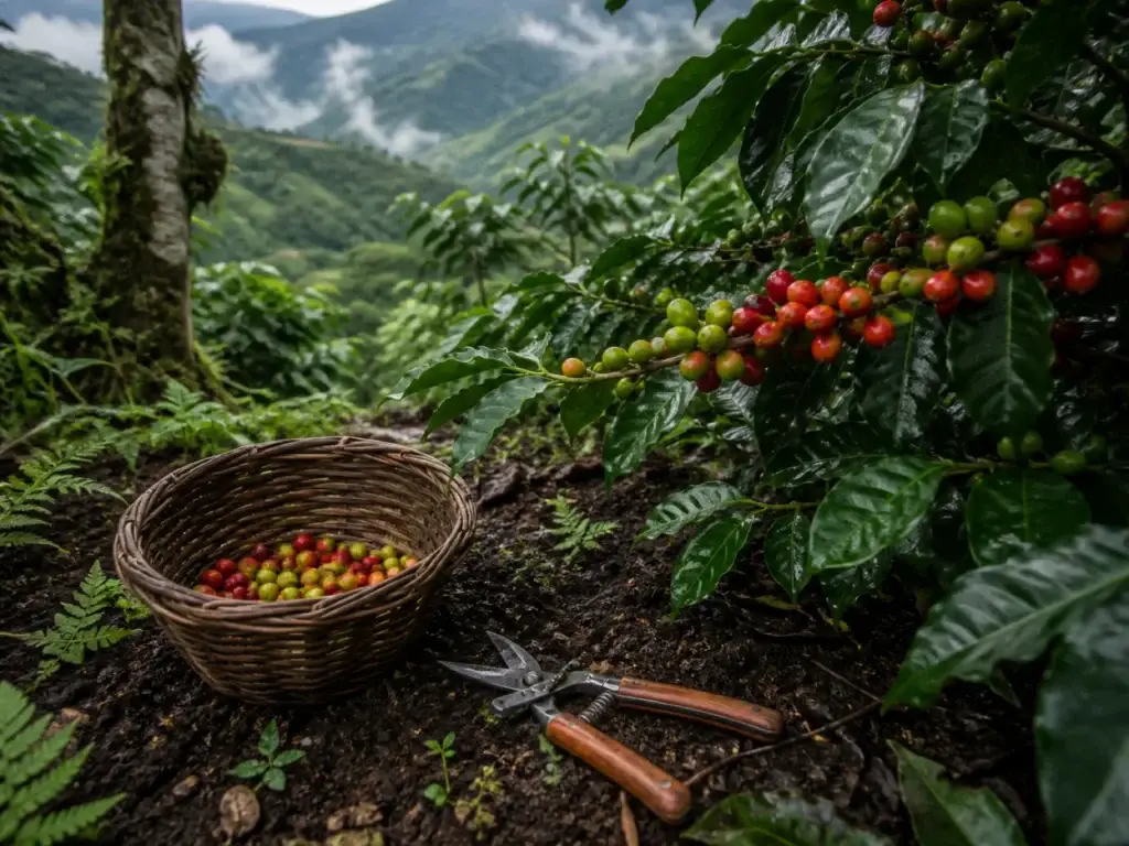 AI-generated editorial visualization of coffee-crop stewardship in Colombia's coffee region.