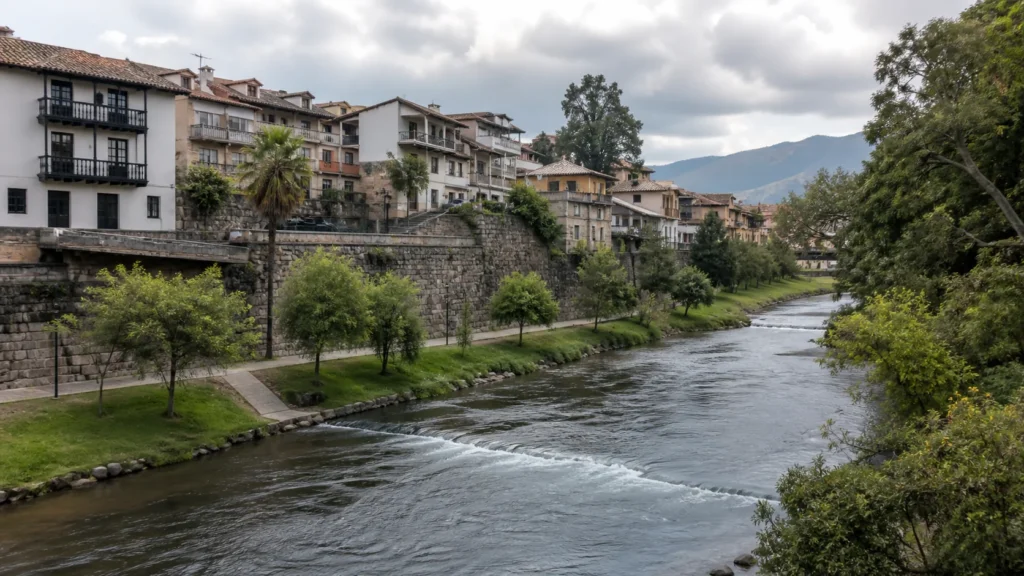 AI-generated editorial visualization of Cuenca's Tomebamba river-corridor context; it is not an exact current location.