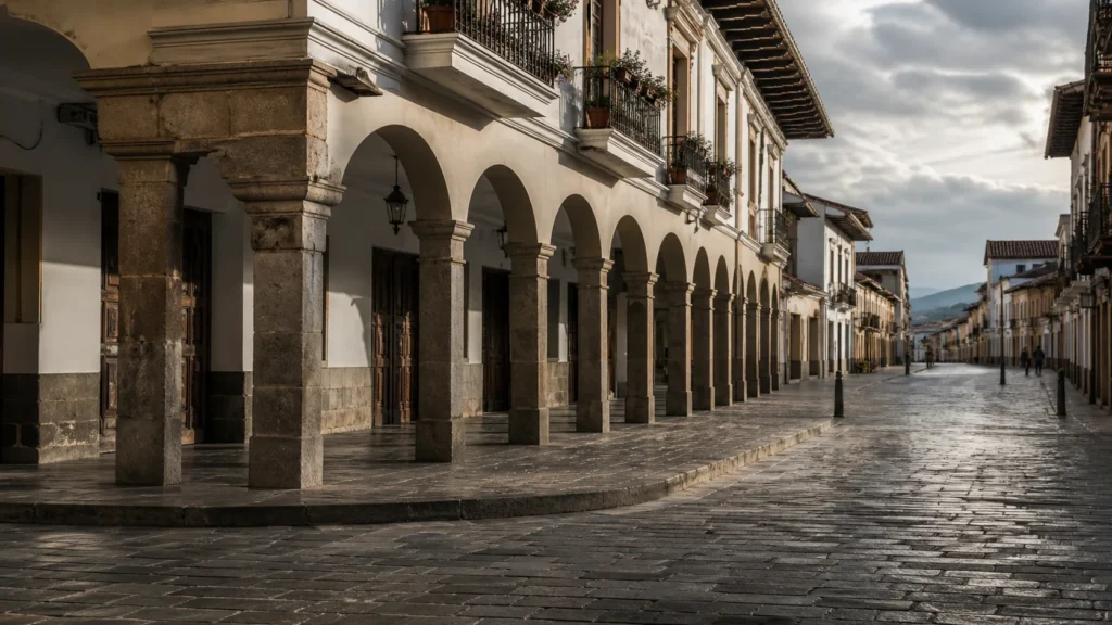AI-generated editorial visualization of Cuenca's historic-grid and public-life context; it is not a real street, plaza or event.