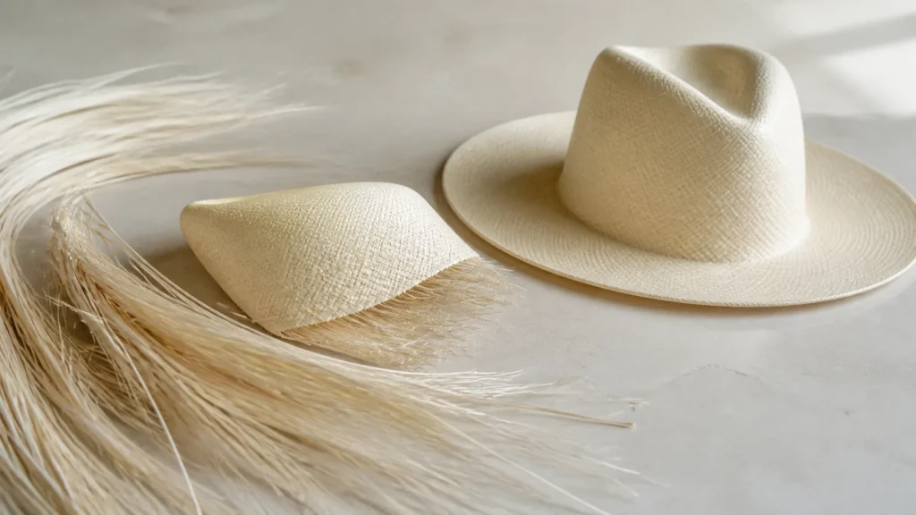 AI-generated editorial visualization of an abstract toquilla fibre-to-form material context; it does not depict a maker, workshop, authentic object or Cuenca provenance.