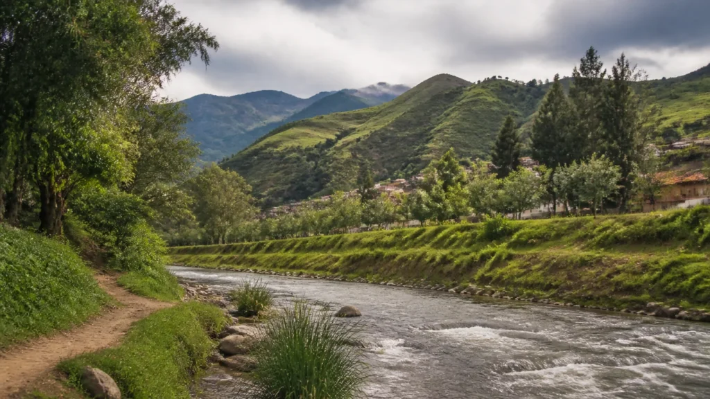 AI-generated editorial visualization of public river-landscape context associated with Gualaceo; it is not an exact current site or commercial encounter.