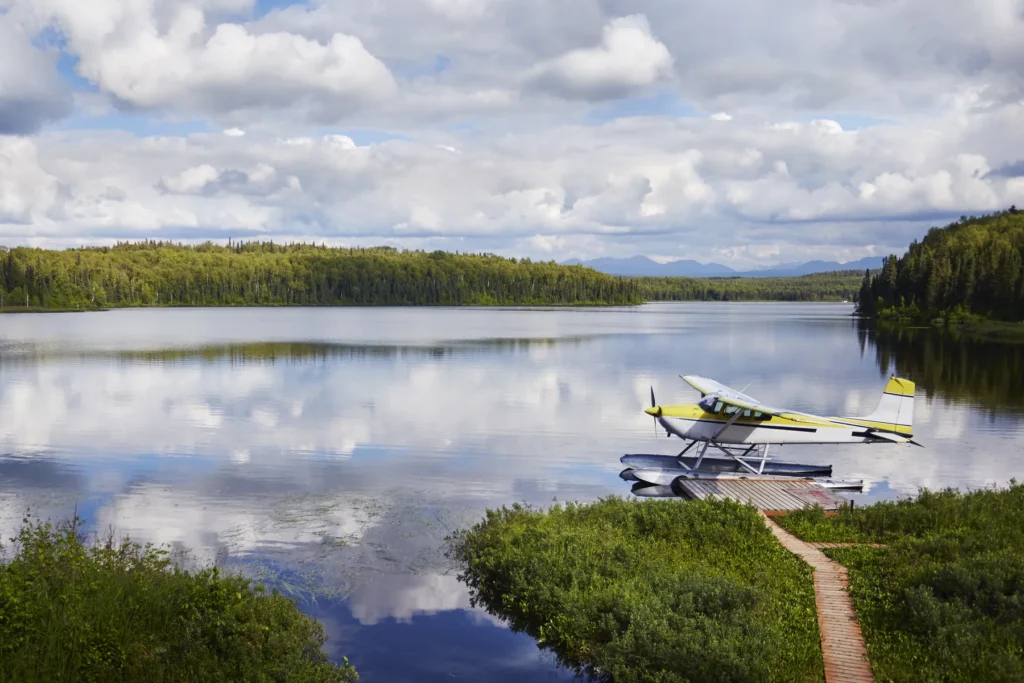 Talkeetna airfield, small aircraft with Alaska Range context, or documented Talkeetna town and mountain view