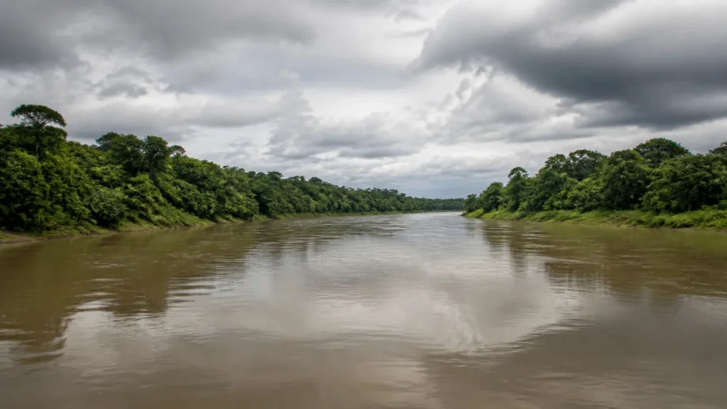 AI-generated editorial visualization of the river-and-rainforest context of Ecuador's upper Napo corridor.