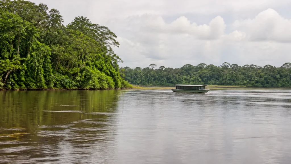 AI-generated editorial visualization of generic passenger-vessel travel on an Ecuadorian Amazon river.