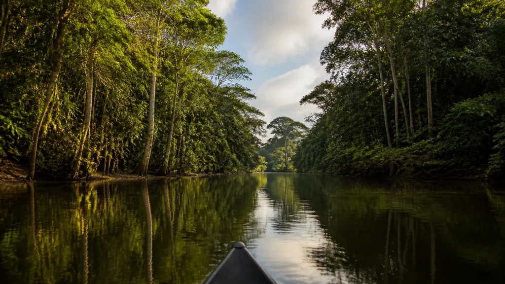 AI-generated editorial visualization of a generic water-level canoe perspective in the Ecuadorian Amazon.