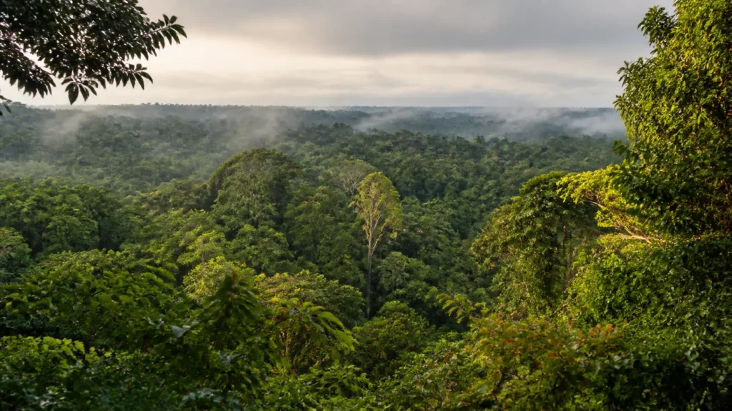AI-generated editorial visualization of the elevated forest-layer perspective associated with canopy observation, without a tower.