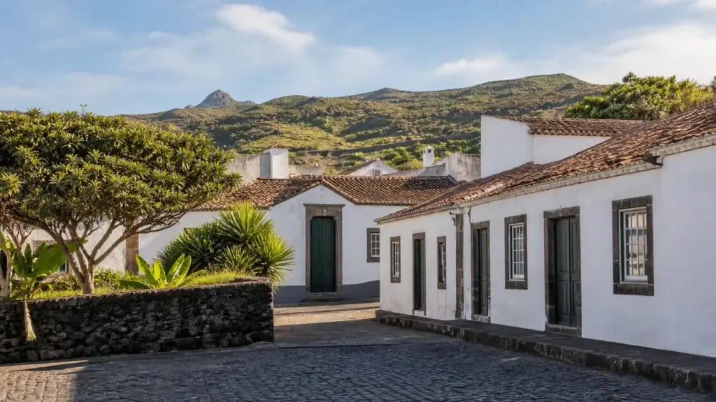 AI-generated editorial visualization of Vila dos Remédios, Fernando de Noronha.