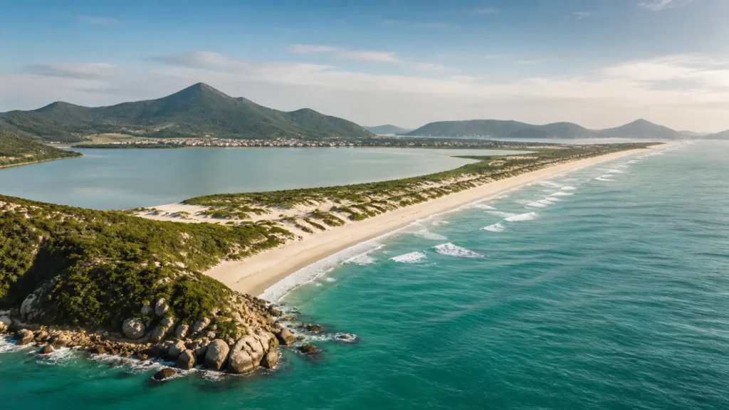 AI-generated editorial visualization of the island-lagoon-Atlantic coast relationship of Florianópolis.
