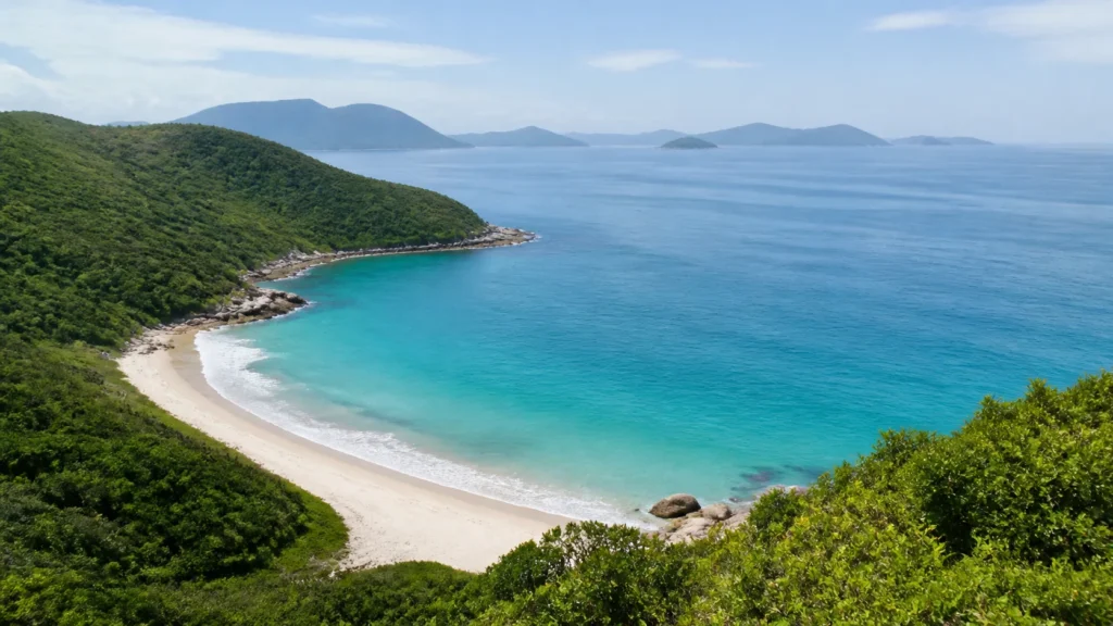 AI-generated editorial visualization of a quiet coastal-peninsula context in Governador Celso Ramos.