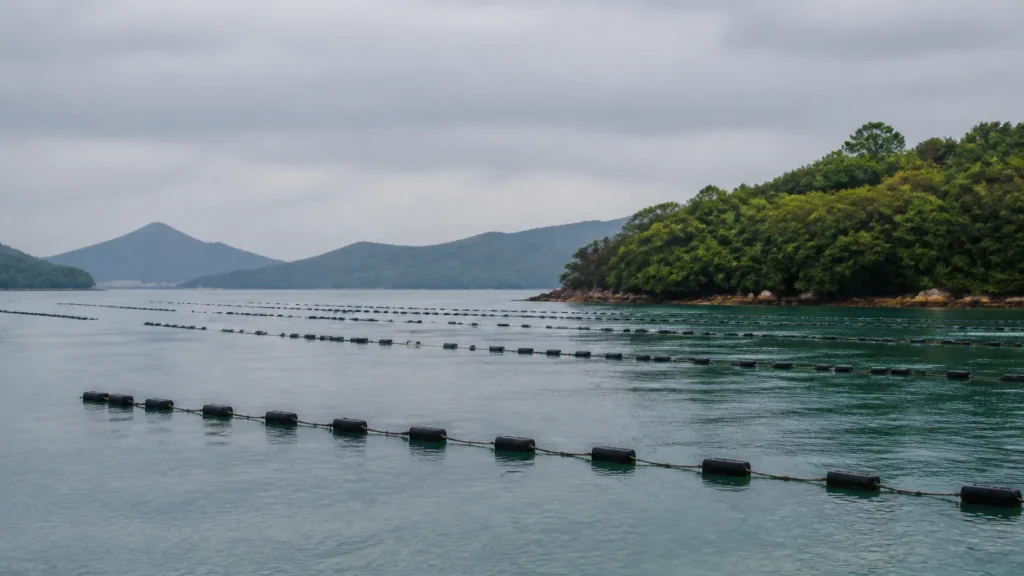AI-generated editorial visualization of an anonymous mariculture-water context near Ribeirão da Ilha with no producer attribution.