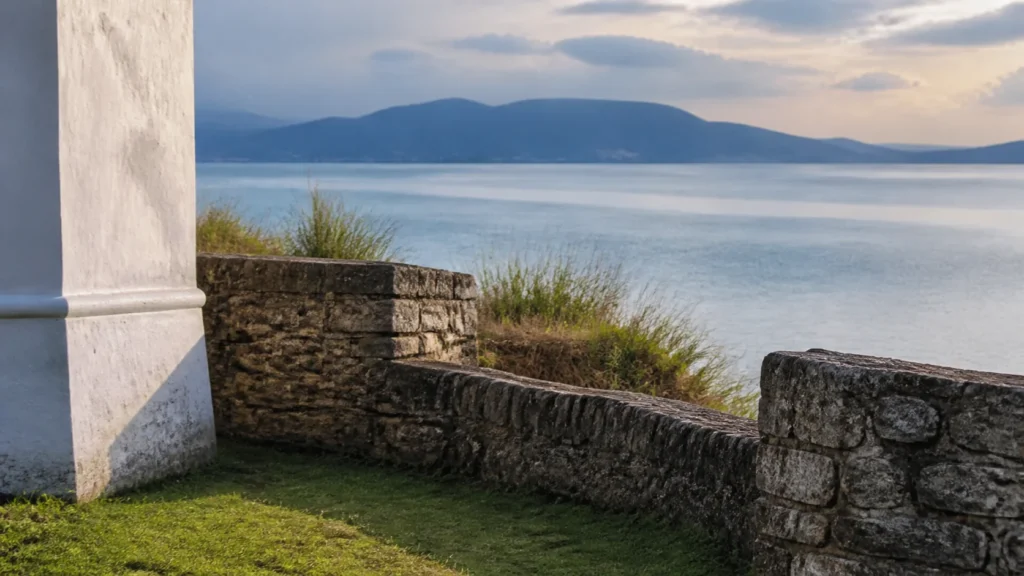 AI-generated editorial visualization of an anonymous coastal-fortification material study in Santa Catarina.