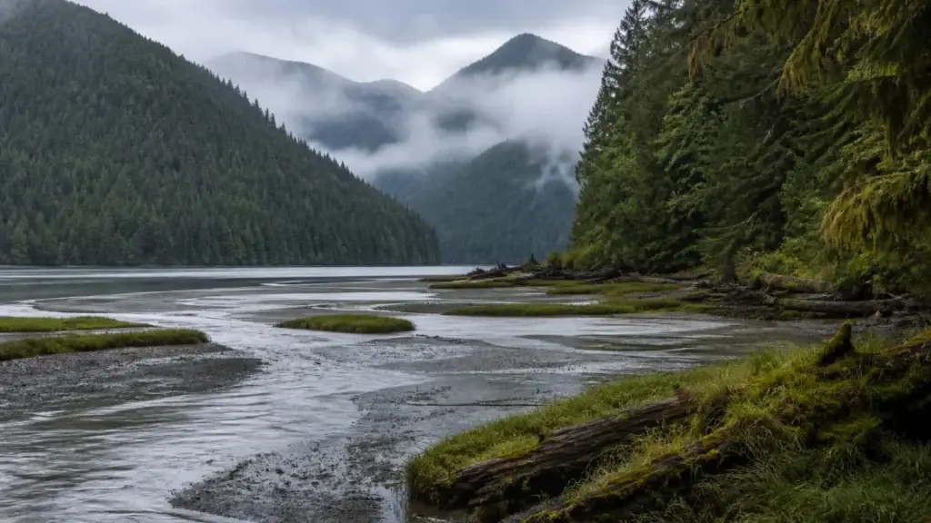 Exact Great Bear Rainforest estuary or salmon-bearing watershed with forest context