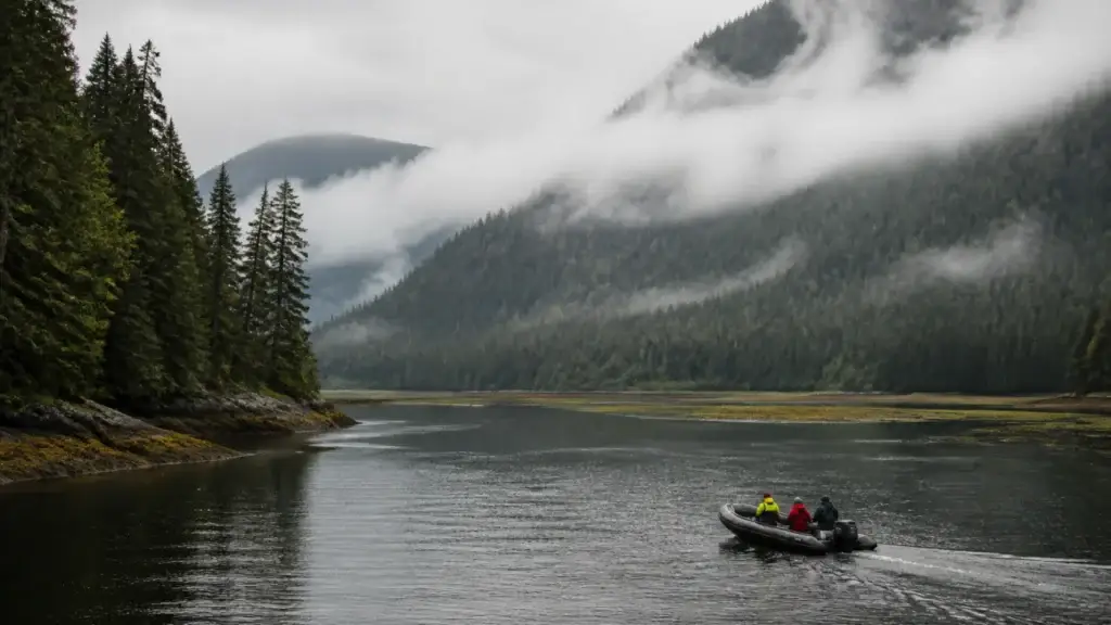 Great Bear Rainforest inlet with suitable small vessel, estuary or distant marine wildlife