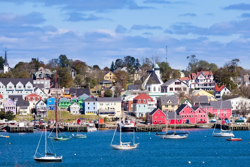 Old Town Lunenburg and harbour with recognizable colorful wooden buildings and working-waterfront context