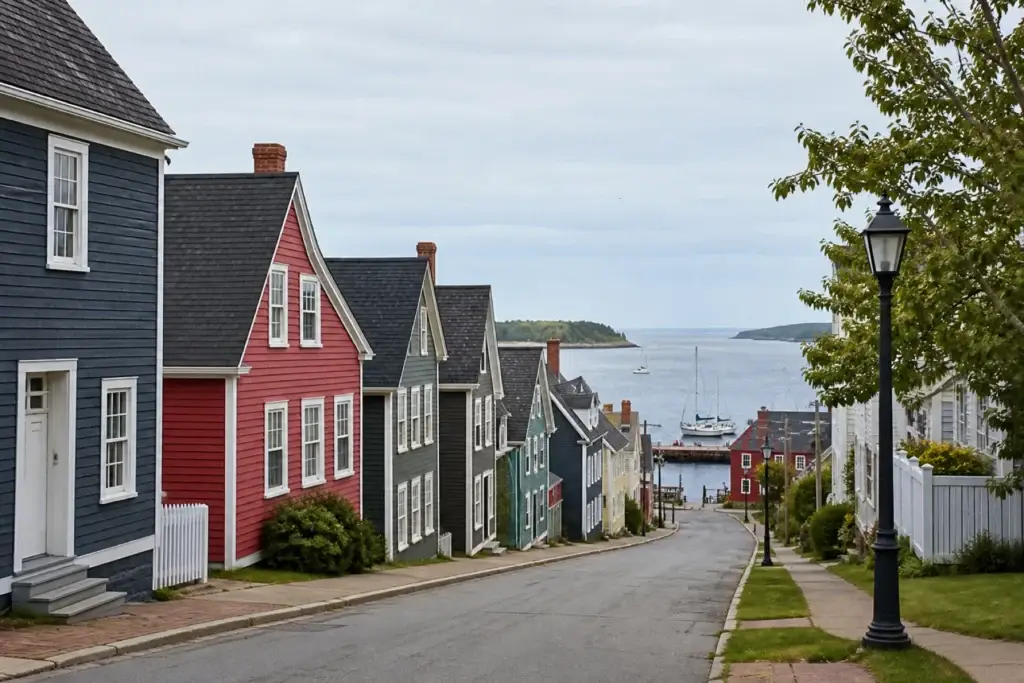 Old Town Lunenburg street grid, wooden vernacular architecture or Fisheries Museum waterfront context