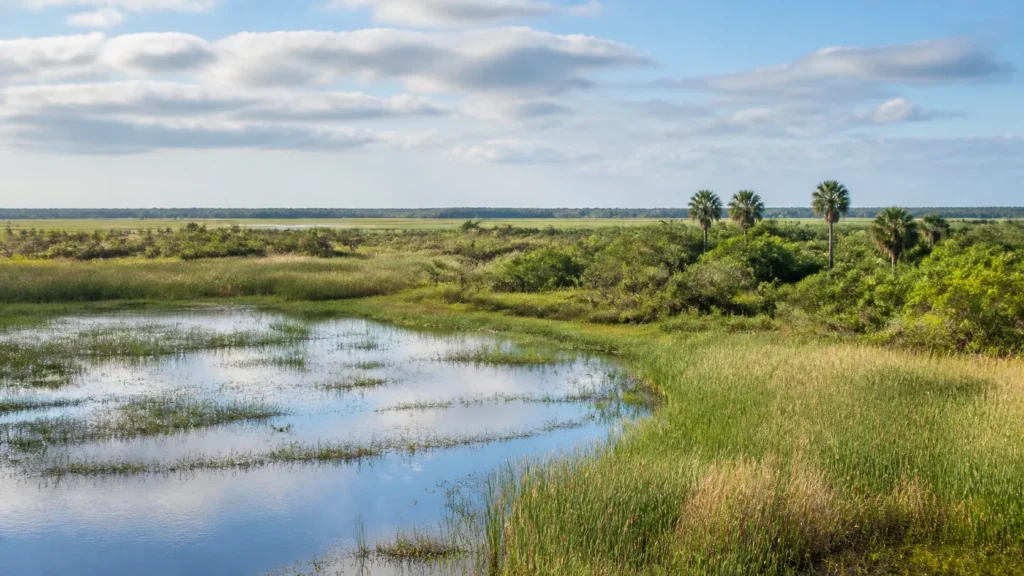 AI-generated editorial visualization of the Ibera wetland mosaic.