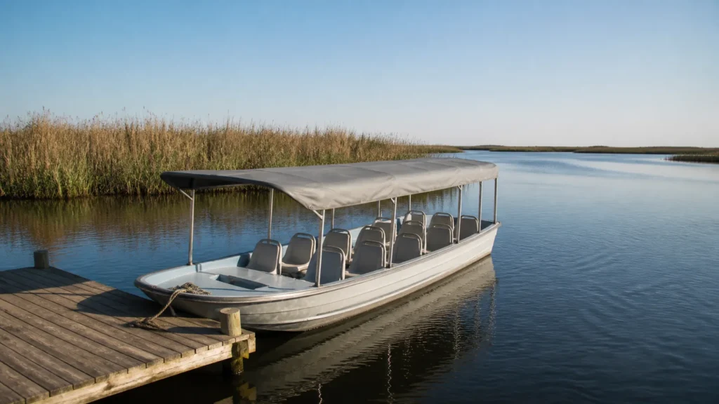 AI-generated editorial visualization of a low-impact small-boat context in the Provincial Ibera Reserve.