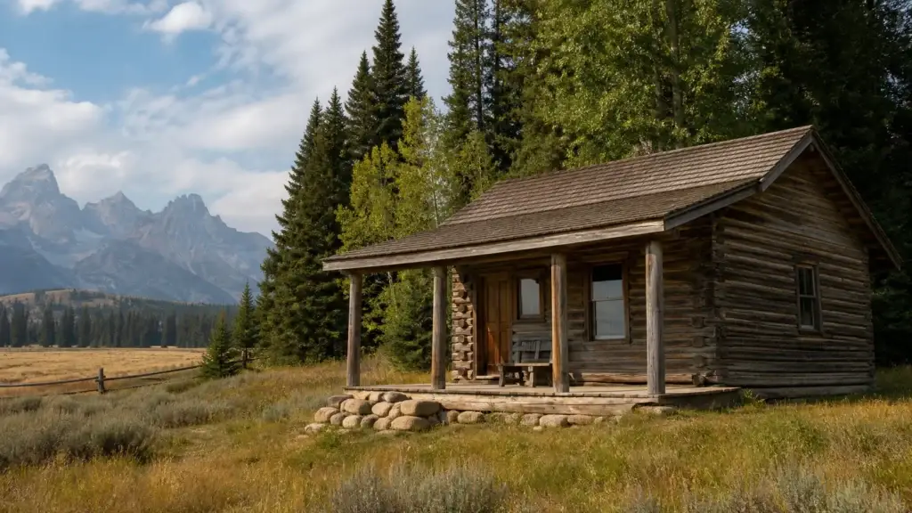 Murie Ranch cabins, porch, studio or exact Moose Wyoming historic landscape