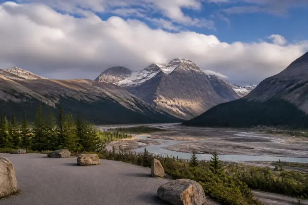 Documented northern Icefields Parkway landscape, Athabasca River or Sunwapta Pass in Jasper National Park