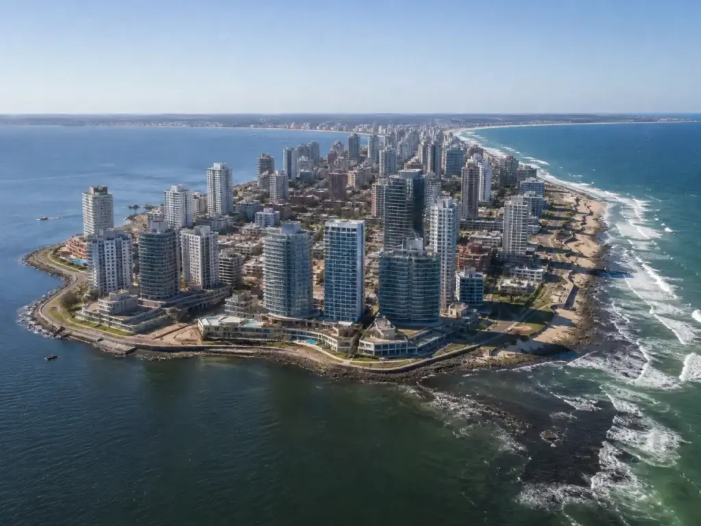 AI-generated editorial visualization of Punta del Este's Mansa and Brava coastal contrast.