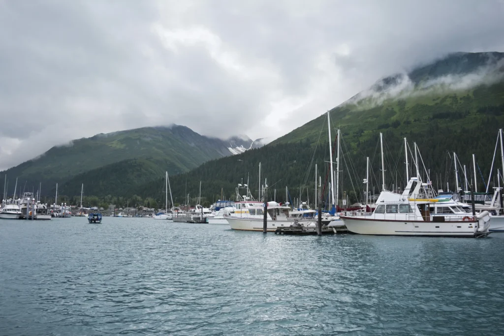Seward small boat harbor with Resurrection Bay and mountains
