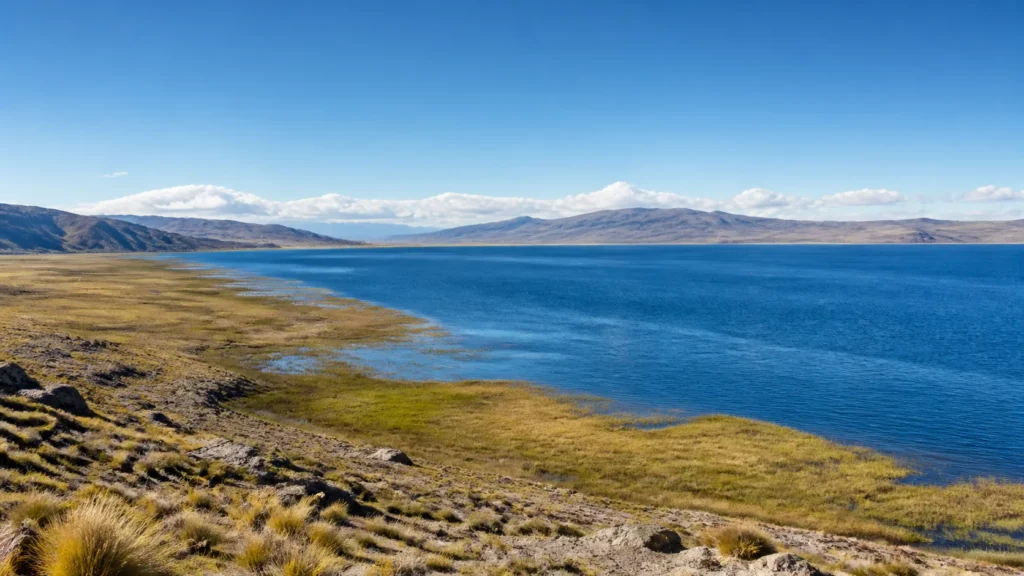 AI-generated editorial visualization of the high-altitude landscape of the Peruvian side of Lake Titicaca.