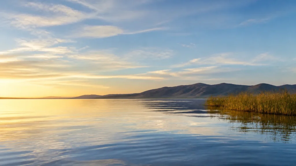 AI-generated editorial visualization of a quiet reed-and-water observation context on Peruvian Lake Titicaca.
