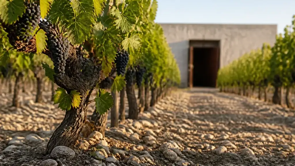 AI-generated editorial visualization of Follow one Maipo vineyard question into the cellar.