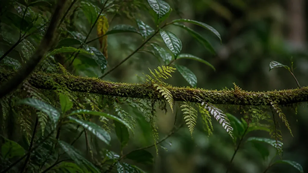 AI-generated editorial visualization of a close, wildlife-free mossy-branch habitat study for ethical observation near Mindo.