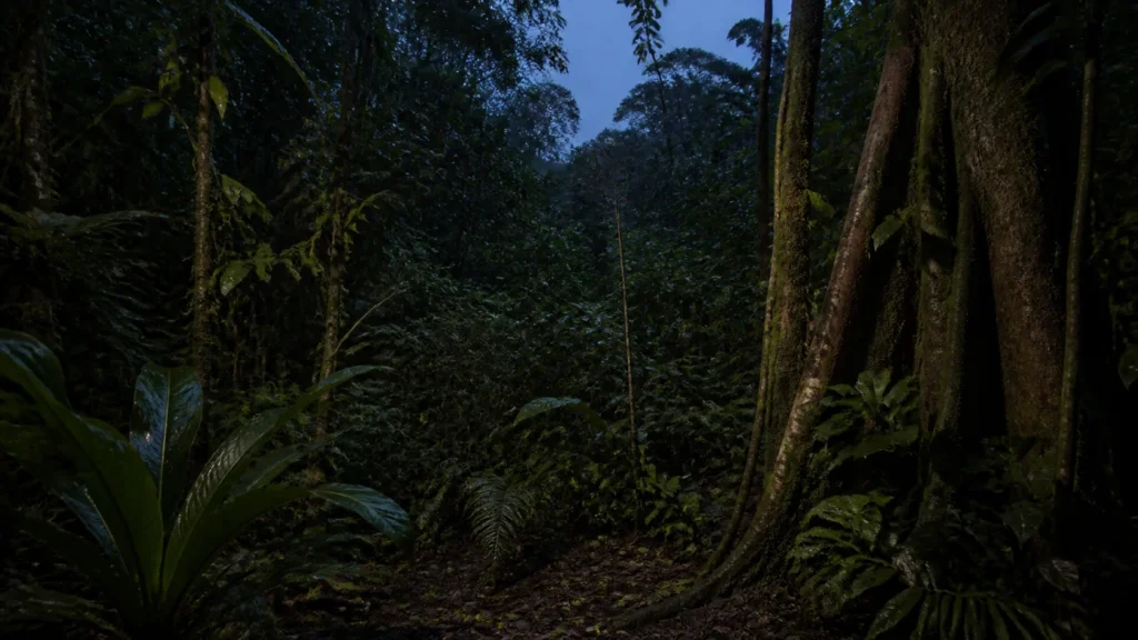 AI-generated editorial visualization of a wildlife-free, naturally coloured twilight-forest context in the Chocó Andino.